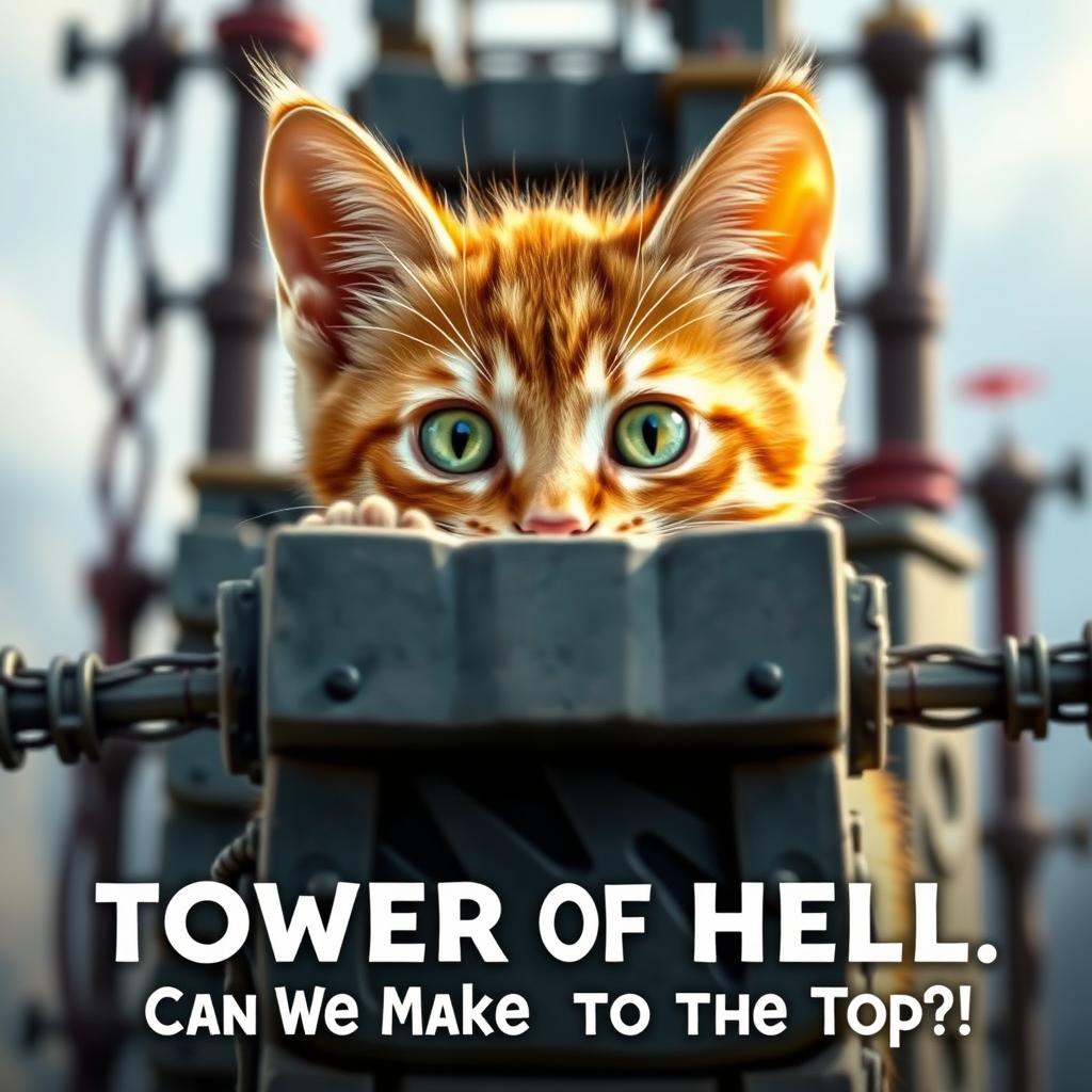 A cute orange kitten with vibrant green eyes peeking from behind a menacing "Tower of Hell" obstacle course (obby) featured in a captivating image