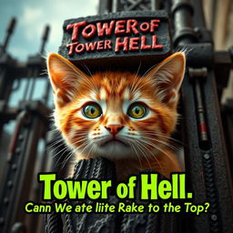 A cute orange kitten with vibrant green eyes peeking from behind a menacing "Tower of Hell" obstacle course (obby) featured in a captivating image