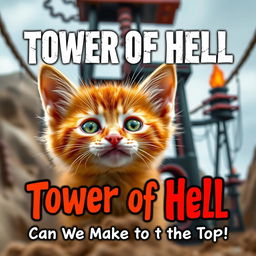 A cute orange kitten with vibrant green eyes peeking from behind a menacing "Tower of Hell" obstacle course (obby) featured in a captivating image