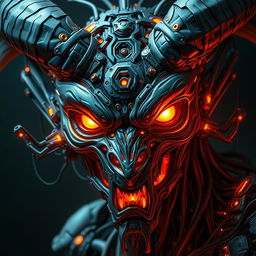 Demon biomechanical portrait with intricate detailing, showcasing dramatic and glowing features