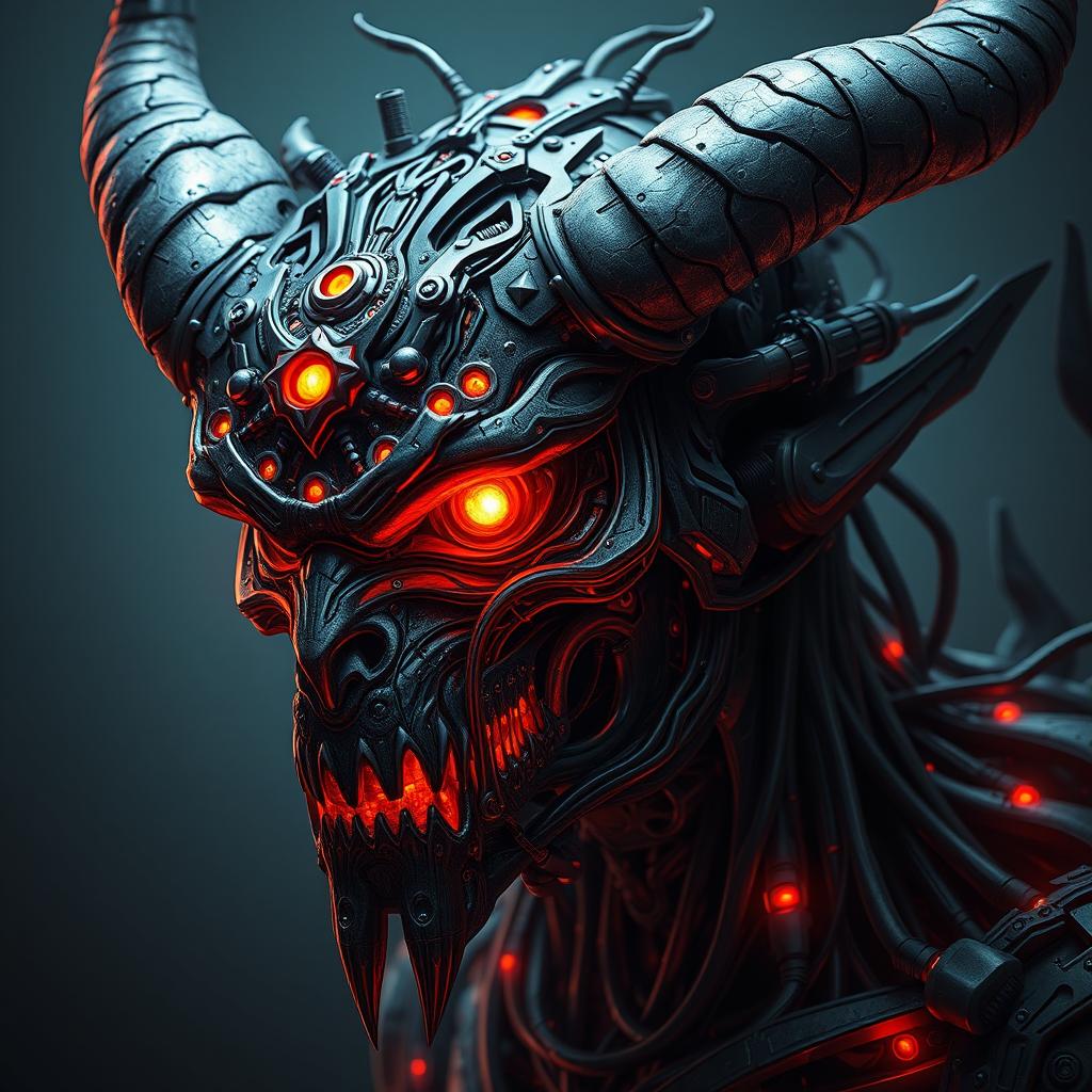 Demon biomechanical portrait with intricate detailing, showcasing dramatic and glowing features