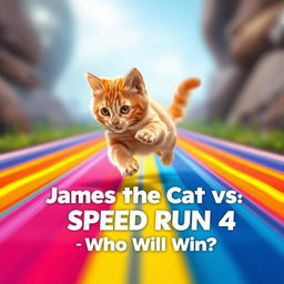 An adorable orange kitten named James dashing energetically along a colorful rainbow road, exuding a sense of excitement and speed