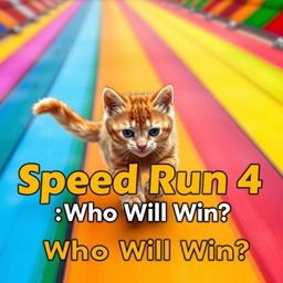 An adorable orange kitten named James dashing energetically along a colorful rainbow road, exuding a sense of excitement and speed