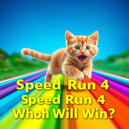 An adorable orange kitten named James dashing energetically along a colorful rainbow road, exuding a sense of excitement and speed