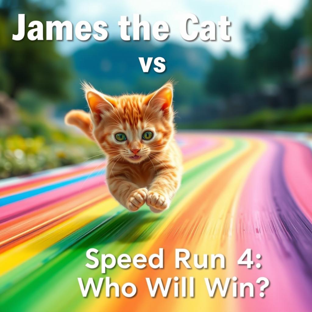 An adorable orange kitten named James dashing energetically along a colorful rainbow road, exuding a sense of excitement and speed