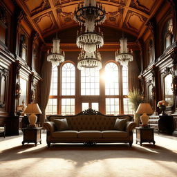 A grand hall featuring an elegant sofa as the centerpiece