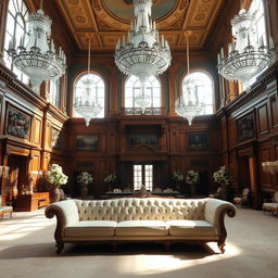 A grand hall featuring an elegant sofa as the centerpiece