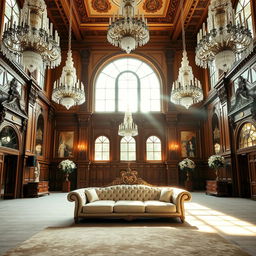 A grand hall featuring an elegant sofa as the centerpiece