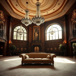 A grand hall featuring an elegant sofa as the centerpiece