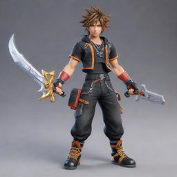 A fusion of Sora from Kingdom Hearts 3 and Hwoarang from Tekken 8 standing powerfully. Blend their key attributes harmoniously to create a unique appearance.