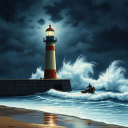 A lighthouse near the beach at night during a storm, with a small boat being rowed by a person