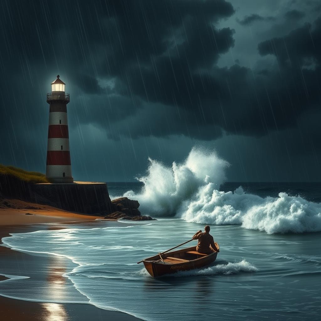 A lighthouse near the beach at night during a storm, with a small boat being rowed by a person