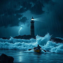 A lighthouse near the beach at night during a storm, with a small boat being rowed by a person