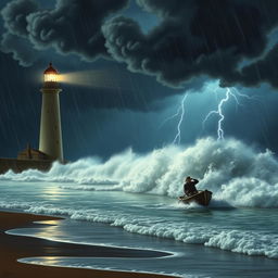 A lighthouse near the beach at night during a storm, with a small boat being rowed by a person