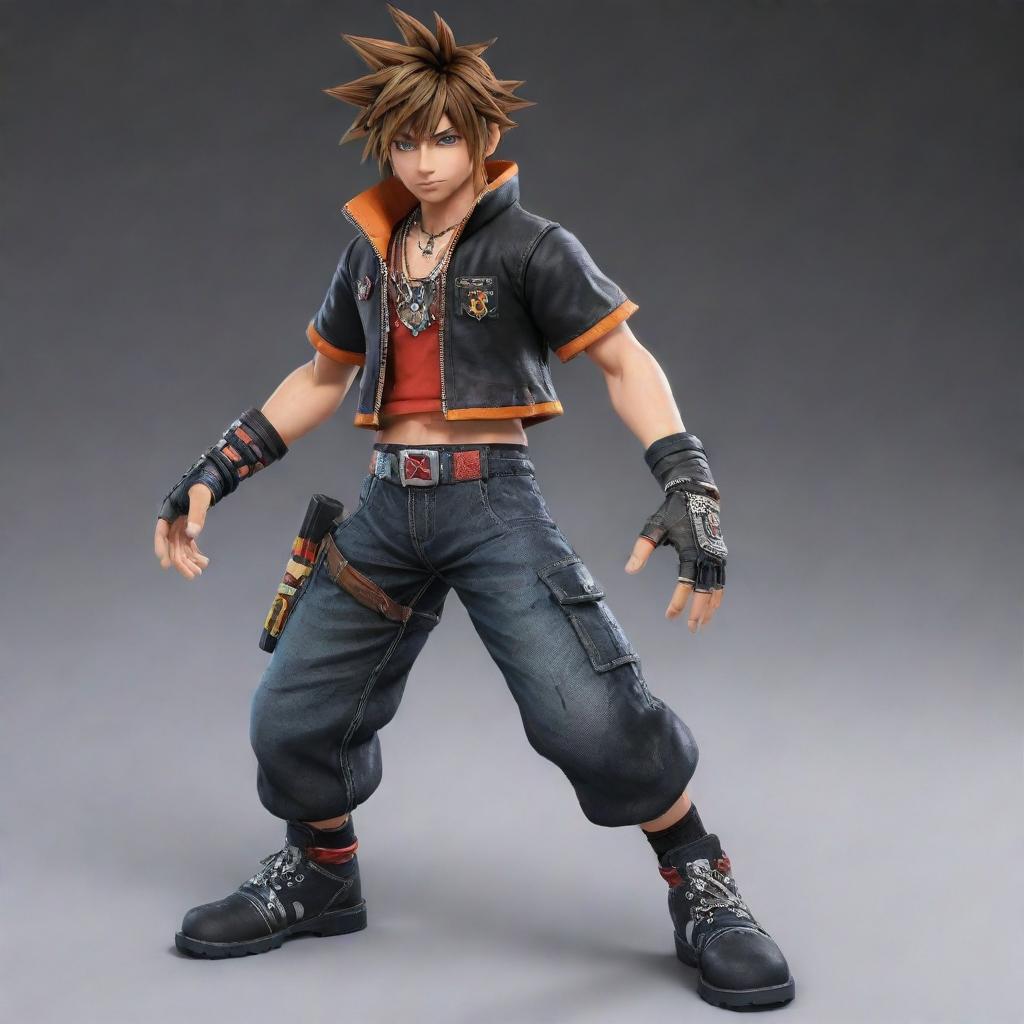 A fusion of Sora from Kingdom Hearts 3 and Hwoarang from Tekken 8 standing powerfully. Blend their key attributes harmoniously to create a unique appearance.