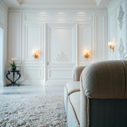 A detailed close-up of a beautifully designed hall featuring a smooth white wall as a backdrop