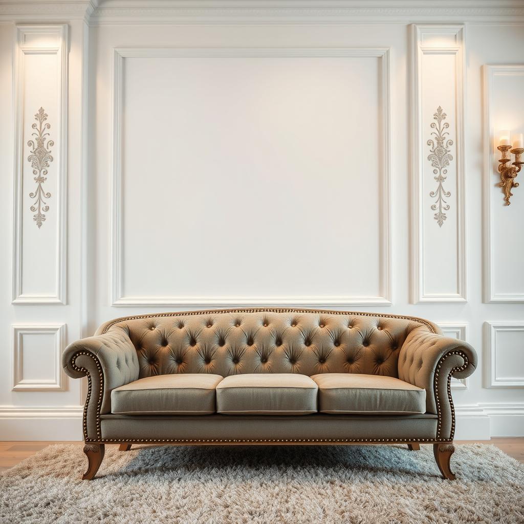 A detailed close-up of a beautifully designed hall featuring a smooth white wall as a backdrop