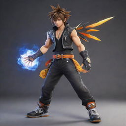 A fusion of Sora from Kingdom Hearts 3 and Hwoarang from Tekken 8 standing powerfully. Blend their key attributes harmoniously to create a unique appearance.