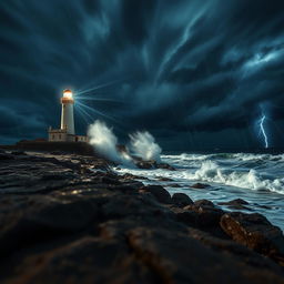 A close-up view of a lighthouse near the beach at night during a storm, showcasing the detailed texture of the rocky shoreline and coastal cliffs