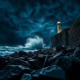 A close-up view of a lighthouse near the beach at night during a storm, showcasing the detailed texture of the rocky shoreline and coastal cliffs