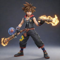 A fusion of Sora from Kingdom Hearts 3 and Hwoarang from Tekken 8 standing powerfully. Blend their key attributes harmoniously to create a unique appearance.