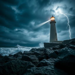 A close-up view of a lighthouse near the beach at night during a storm, showcasing the detailed texture of the rocky shoreline and coastal cliffs