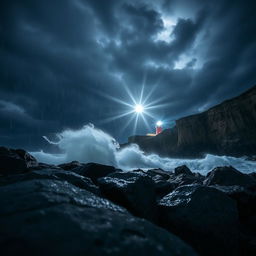 A close-up view of a lighthouse near the beach at night during a storm, showcasing the detailed texture of the rocky shoreline and coastal cliffs