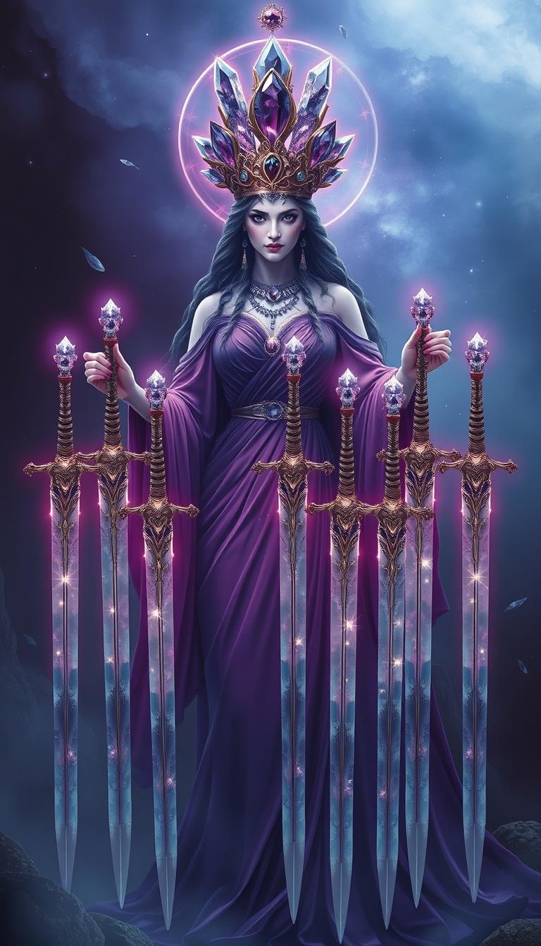 The Goddess of Swords stands enveloped in an enchanting aura, exuding power and mystery