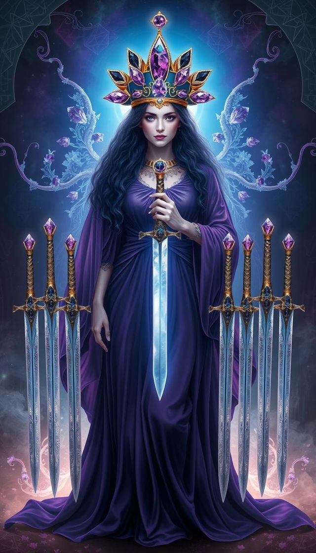 The Goddess of Swords stands enveloped in an enchanting aura, exuding power and mystery