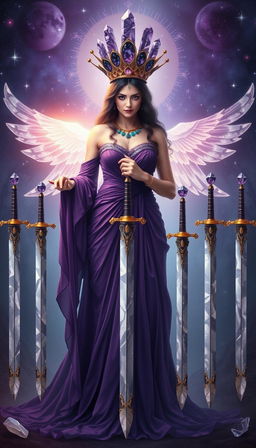 The Goddess of Swords stands enveloped in an enchanting aura, exuding power and mystery