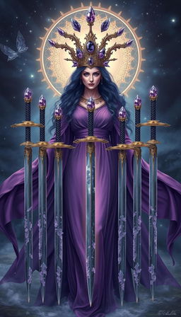 The Goddess of Swords stands enveloped in an enchanting aura, exuding power and mystery