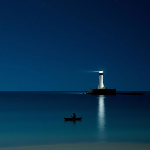 A lighthouse near the beach at night with a small boat being rowed by a person