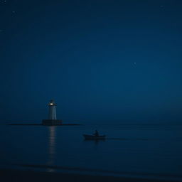 A lighthouse near the beach at night with a small boat being rowed by a person