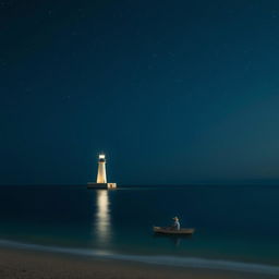 A lighthouse near the beach at night with a small boat being rowed by a person