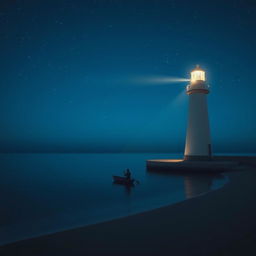 A lighthouse near the beach at night with a small boat being rowed by a person