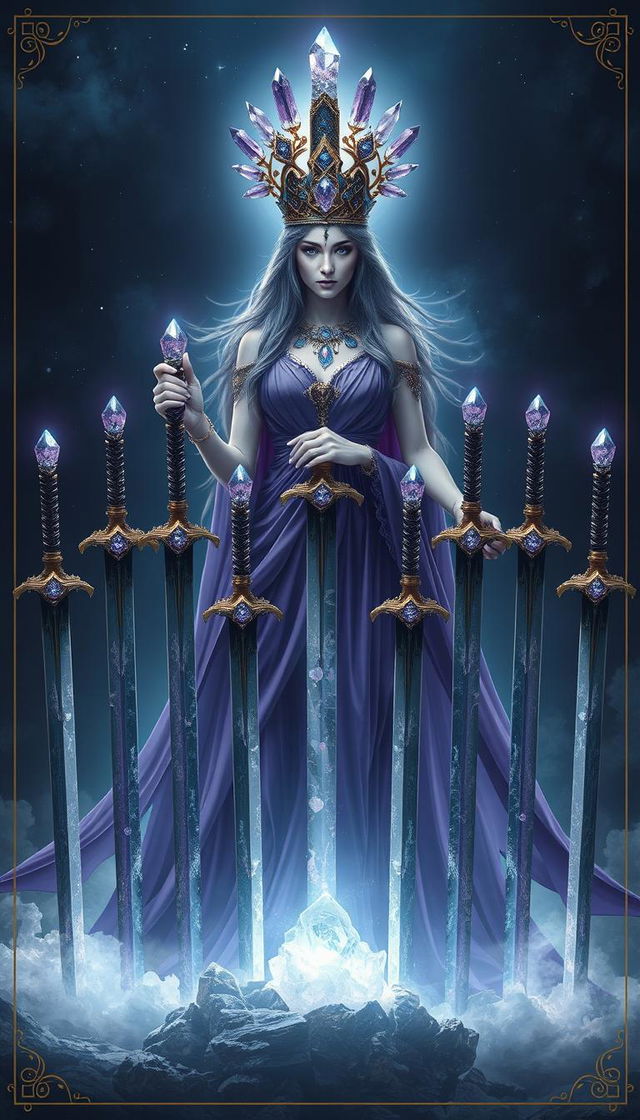 The Goddess of Swords stands enveloped in an enchanting aura, exuding power and mystery