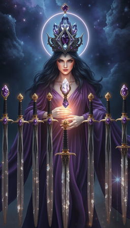 The Goddess of Swords stands enveloped in an enchanting aura, exuding power and mystery