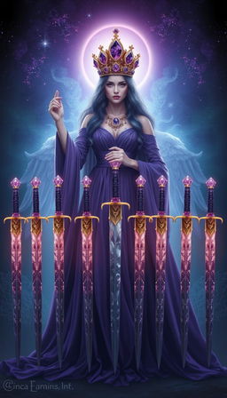 The Goddess of Swords stands enveloped in an enchanting aura, exuding power and mystery