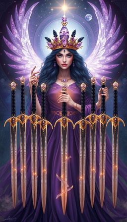 The Goddess of Swords stands enveloped in an enchanting aura, exuding power and mystery