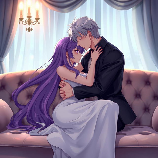 A sensual anime-inspired scene featuring an intimate moment between two characters, set in a softly lit, luxurious room