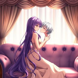 A sensual anime-inspired scene featuring an intimate moment between two characters, set in a softly lit, luxurious room