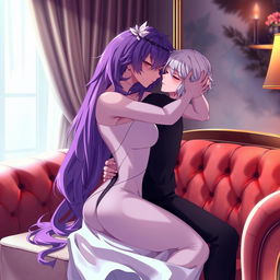 A sensual anime-inspired scene featuring an intimate moment between two characters, set in a softly lit, luxurious room