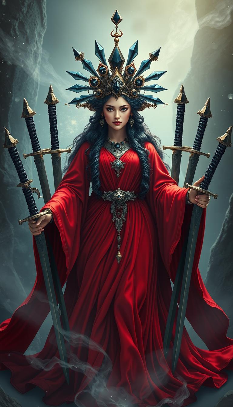 The Goddess of Swords stands with a commanding and mystical presence, her red flowing dress radiating with intensity and vibrant elegance