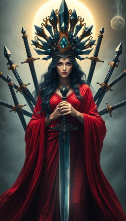 The Goddess of Swords stands with a commanding and mystical presence, her red flowing dress radiating with intensity and vibrant elegance