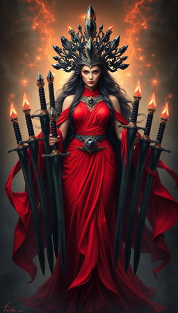 The Goddess of Swords stands with a commanding and mystical presence, her red flowing dress radiating with intensity and vibrant elegance