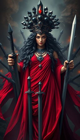 The Goddess of Swords stands with a commanding and mystical presence, her red flowing dress radiating with intensity and vibrant elegance
