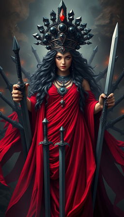 The Goddess of Swords stands with a commanding and mystical presence, her red flowing dress radiating with intensity and vibrant elegance