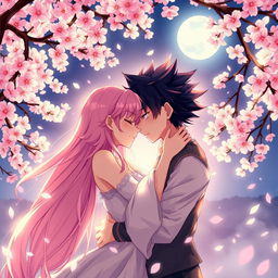 A sensual and romantic anime scene featuring two characters sharing an intimate moment under a cherry blossom tree