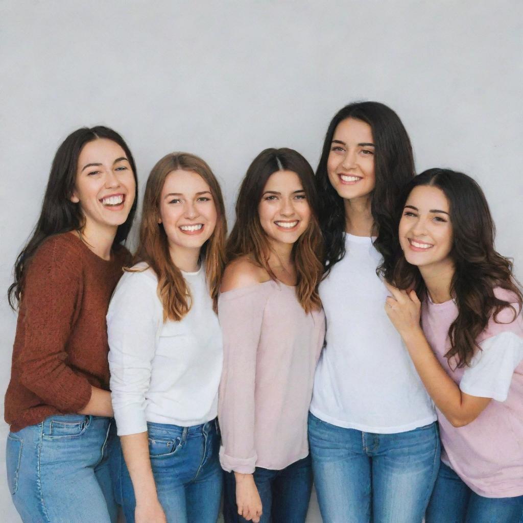 Five best friends standing together, each of them joyously saying 'hi' with smiles on their faces.