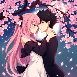 A sensual and romantic anime scene featuring two characters sharing an intimate moment under a cherry blossom tree